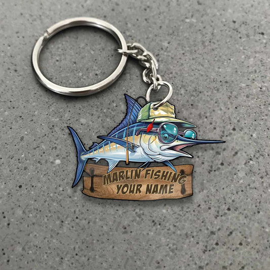 Maxcorners Marlin Fishing Funny Fishing Hat Cartoon Rustic Style Personalized Name Keychain