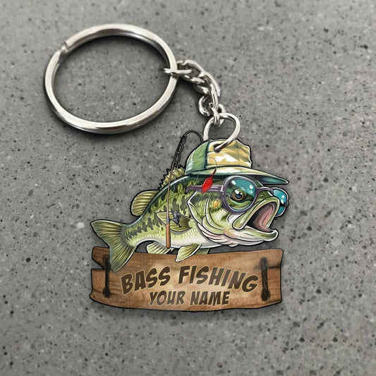Maxcorners Bass Fishing Funny Fishing Hat Cartoon Rustic Style Personalized Name Keychain
