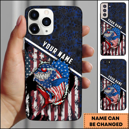 Maxcorners Bass Fishing Patriotic USA Flag Honeycomb Tech Style Personalized Name Phone Case