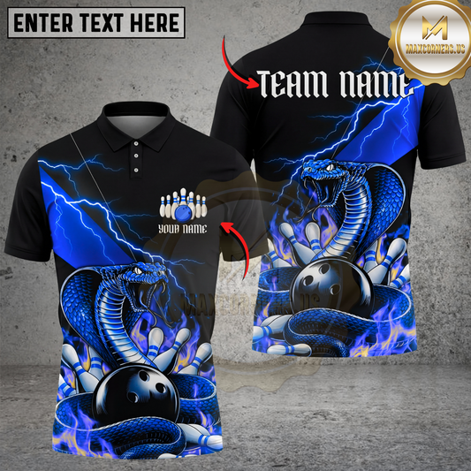 Maxcorners Bowling Shirt Snake Cobra Fire Strike Aggressive Graphic Multicolor Options Personalized Name, Team Name 3D Shirt (4 Colors)