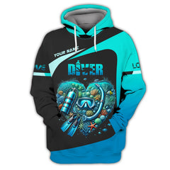 Maxcorners Scuba Diving Heart Custom Name 3D Shirt Personalized Gift For Diver Lovers LM2111