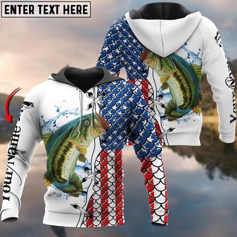 Maxcorners American Flag Largemouth Bass Patriotic Personalized Name 3D Hoodie