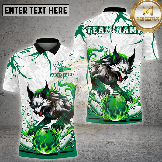 Maxcorners Wolf Bowling Strike Blue Flame Action Multicolor Options Personalized Name, Team Name 3D Shirt (4 Colors)