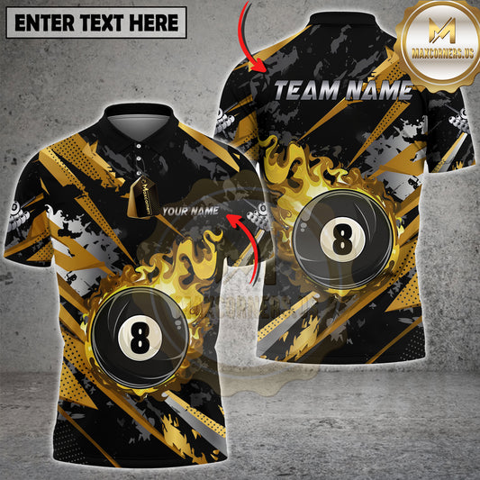 Maxcorners Flaming 8 Ball Billiards Gold Black Grunge Multicolor Options Personalized Name, Team Name 3D Shirt (4 Colors)