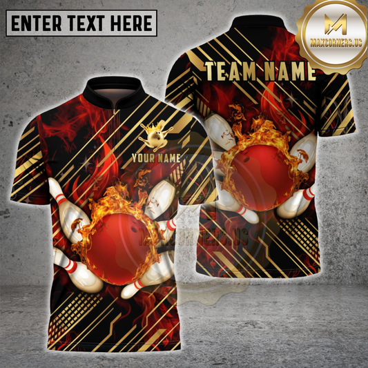 Maxcorners Bowling Ball Golden Diagonal Stripes Fire Multicolor Options Personalized Name, Team Name 3D Shirt (4 Colors)