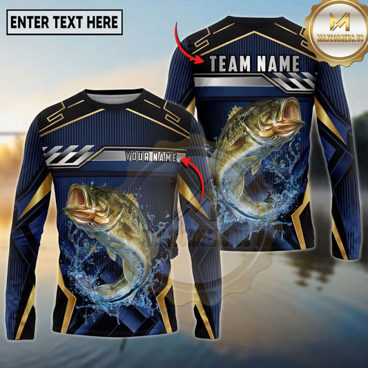 Maxcorners Fishing Black Gold Geometric Personalized Name, Team Name Long Sleeve Shirt (9 Breeds)