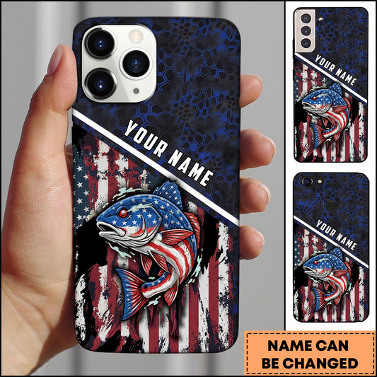Maxcorners Redfish Fishing Patriotic USA Flag Honeycomb Tech Style Personalized Name Phone Case