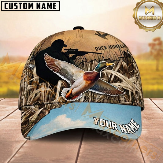 Maxcorners Duck Hunting Marsh Camo Flying Waterfowl Design Personalized Name 3D Cap
