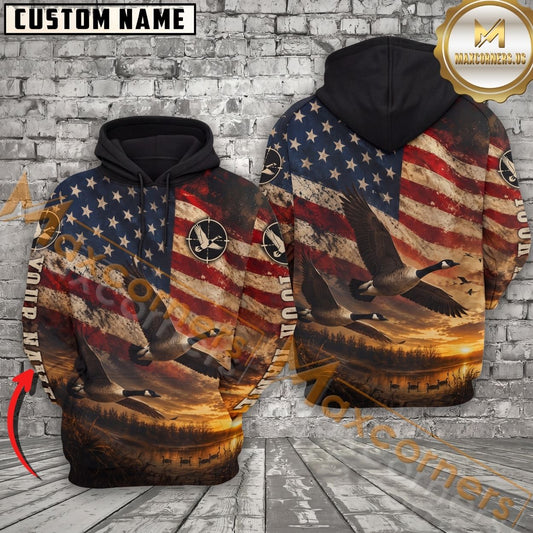 Maxcorners Waterfowl Hunting American Flag Personalized Name Unisex 3D Shirt