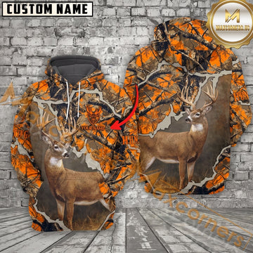 Maxcorners Whitetail Hunting Blaze Orange Camo Personalized Name Unisex 3D Shirt