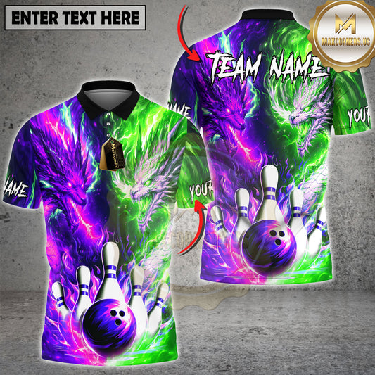 Maxcorners Dragon Fire Ice Bowling Shirt Dual Element Dragon Strike Design Multicolor Options Personalized Name, Team Name 3D Shirt (4 Colors)