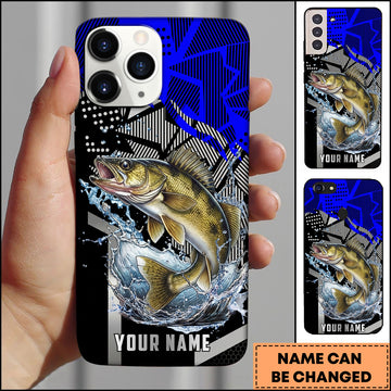 Maxcorners Walleye Fishing Dynamic Blue Geometric Splash Art Personalized Name Phone Case