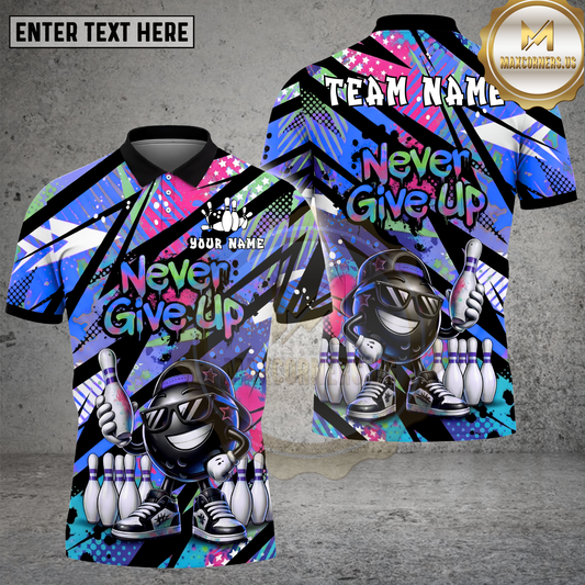 Maxcorners Bowling Ball Never Give Up Retro Graffiti Style Multicolor Options Personalized Name, Team Name 3D Shirt (4 Colors)