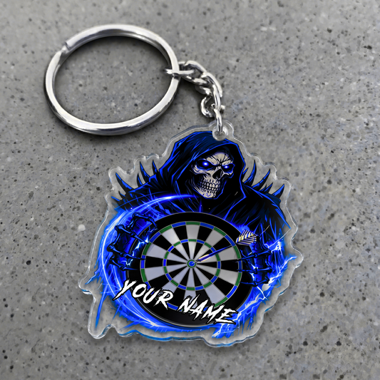Maxcorners Blue Grim Reaper Darts Personalized Name Keychain