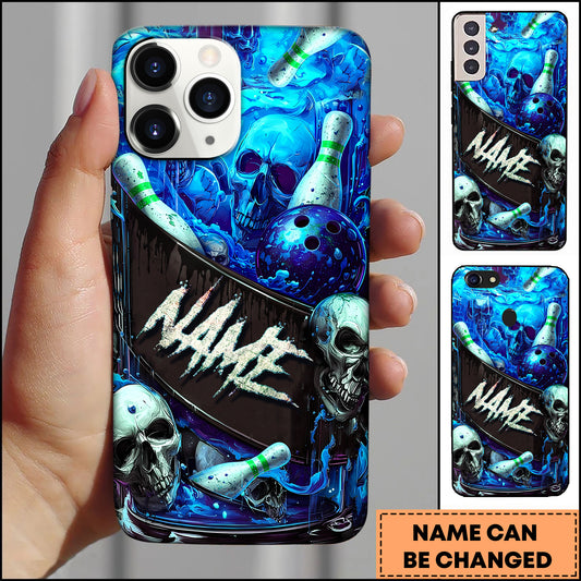 Maxcorners Bowling Phonecase Skull Bowling Ball Pins Blue Splash Dark Art Personalized Name 3D Phone Case