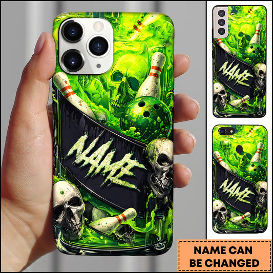 Maxcorners Bowling Phonecase Skull Bowling Ball Pins Green Splash Dark Art Personalized Name 3D Phone Case