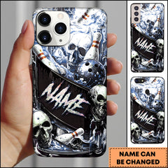 Maxcorners Bowling Phonecase Skull Bowling Ball Pins Black White Splash Dark Art Personalized Name 3D Phone Case