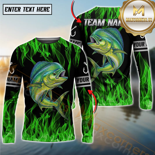 Maxcorner Mahi-mahi Fishing Green Flame Personalized Team Name Long Sleeve Shirt