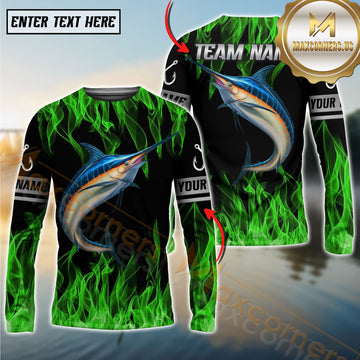 Maxcorner Marlin Fishing Green Flame Personalized Team Name Long Sleeve Shirt