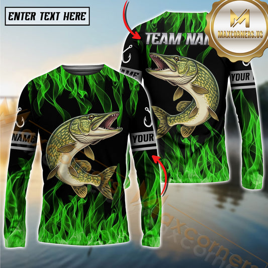 Maxcorner Pike Fishing Green Flame Personalized Team Name Long Sleeve Shirt