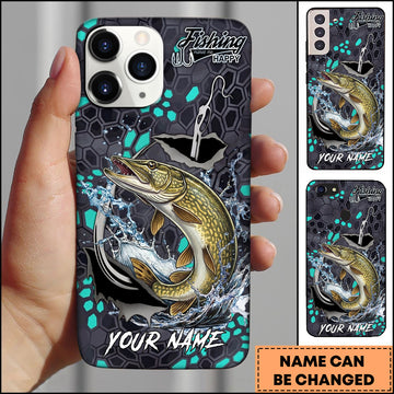 Maxcorners Pike Fishing Hexagon Tech Pattern Hook Icon Water Splash Personalized Name Phone Case