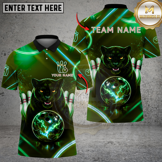 Maxcorners Bowling Shirt Neon Panther Strike Electric Glow Ball Design Multicolor Options Personalized Name, Team Name 3D Shirt (4 Colors)