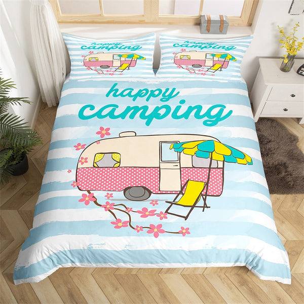 Maxcorners Happy Camping Duvet Cover, Watercolor Camper Floral Trailer Bedding Set for RV Decor