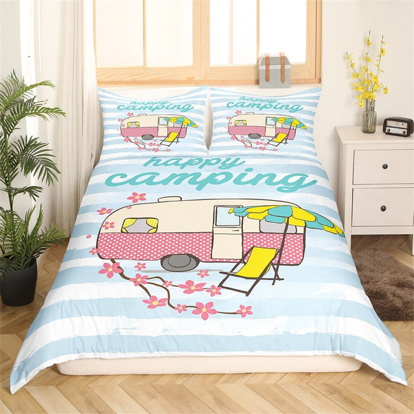 Maxcorners Happy Camping Duvet Cover, Watercolor Camper Floral Trailer Bedding Set for RV Decor