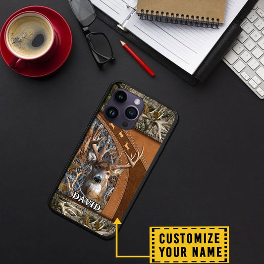 Maxcorners Deer Camo Brown Leather Pattern Personalized Name Phone Case LM1012