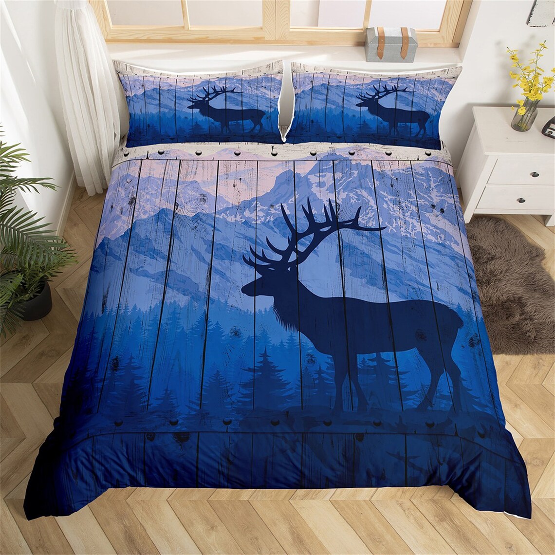 Maxcorners Deer Hunting Duvet Cover, Wild Animal Silhouette Snowy Mount Nature View Quilt Cover, Rustic Wooden Plank Bedding Set