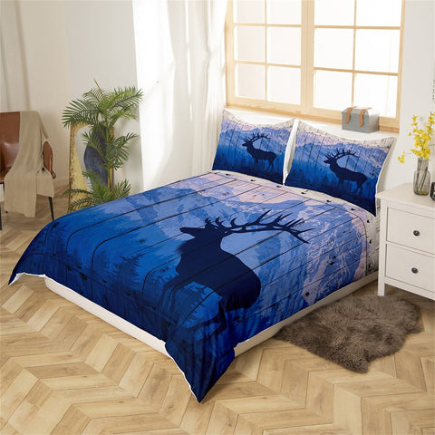 Maxcorners Deer Hunting Duvet Cover, Wild Animal Silhouette Snowy Mount Nature View Quilt Cover, Rustic Wooden Plank Bedding Set