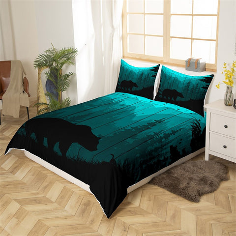 Maxcorners Bear Silhouette Handmade Duvet Cover, Wild Animal Hunting Jungle Tree Bedding Set