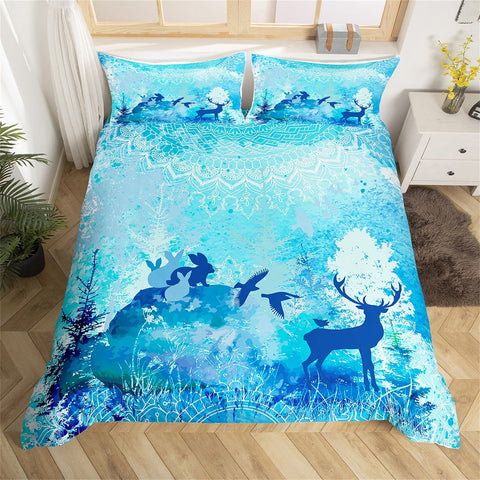 Maxcorners Hunting Animal Handmade Duvet Cover, Watercolor Blue Bohemian Mandala Bedding Set