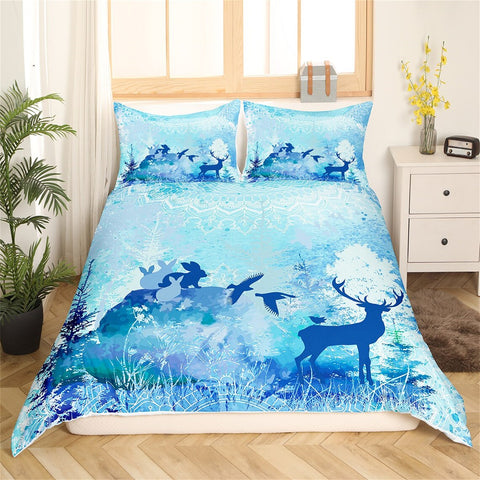 Maxcorners Hunting Animal Handmade Duvet Cover, Watercolor Blue Bohemian Mandala Bedding Set