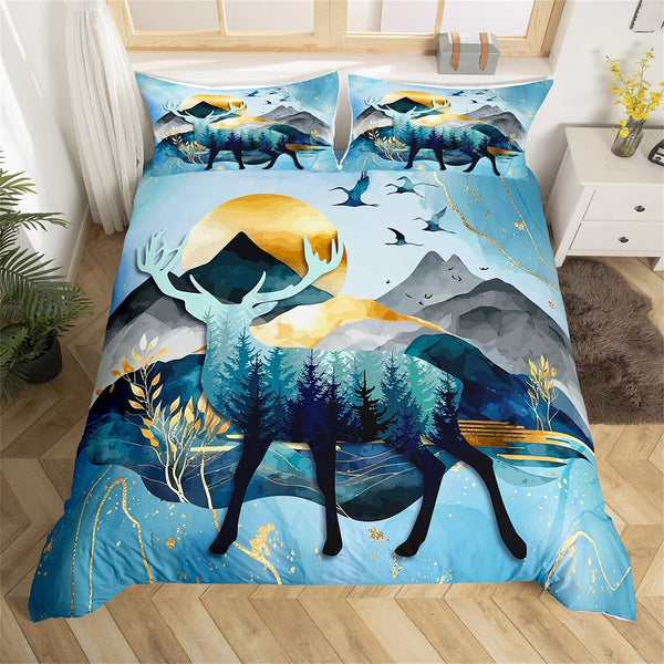 Maxcorners Deer Handmade Duvet Cover, Abstract Mount Jungle Tree Sunset Natural Scenery Quilt Cover, Wild Animal Silhouette Bedding Set