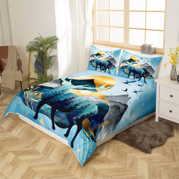 Maxcorners Deer Handmade Duvet Cover, Abstract Mount Jungle Tree Sunset Natural Scenery Quilt Cover, Wild Animal Silhouette Bedding Set