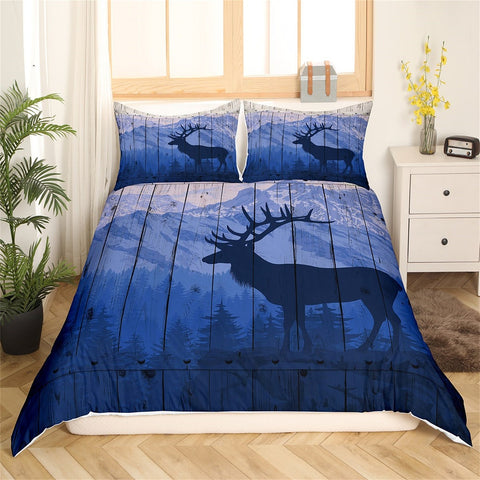 Maxcorners Deer Hunting Duvet Cover, Wild Animal Silhouette Snowy Mount Nature View Quilt Cover, Rustic Wooden Plank Bedding Set