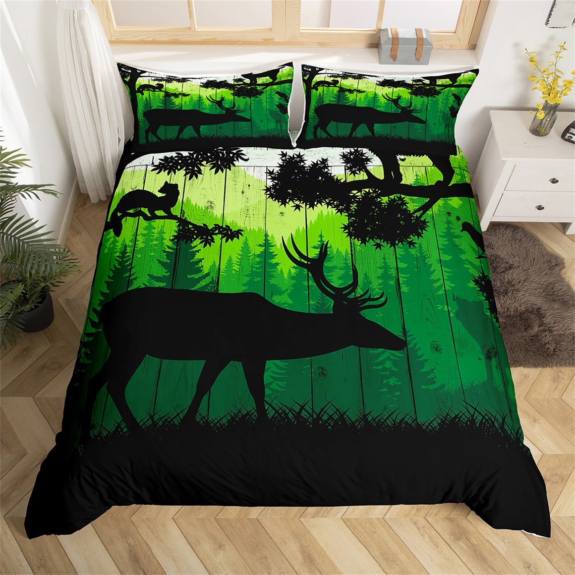 Maxcorners Hunting Rustic Elk/Deer Duvet Cover, Jungle Tree Animal Wolf Fox Bird Silhouette Quilt, Wildlife Hunting Rustic Wooden Board Bedding Set