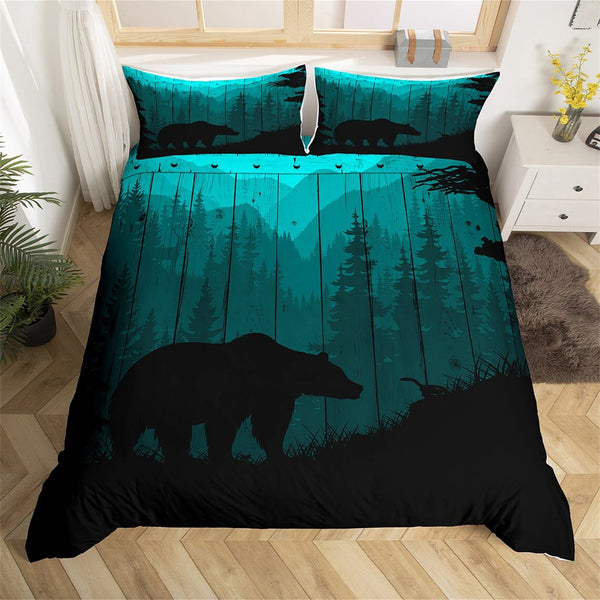 Maxcorners Bear Silhouette Handmade Duvet Cover, Wild Animal Hunting Jungle Tree Bedding Set