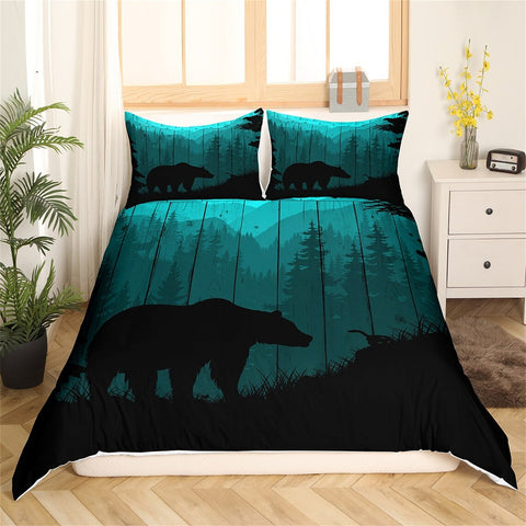 Maxcorners Bear Silhouette Handmade Duvet Cover, Wild Animal Hunting Jungle Tree Bedding Set