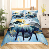 Maxcorners Deer Handmade Duvet Cover, Abstract Mount Jungle Tree Sunset Natural Scenery Quilt Cover, Wild Animal Silhouette Bedding Set