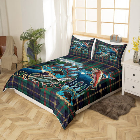 Maxcorners Hunting Theme Duvet Cover, Wild Animal Bear Deer Fish Print Quilt Cover, Retro Geometric Green Purple Plaid Bedding Set