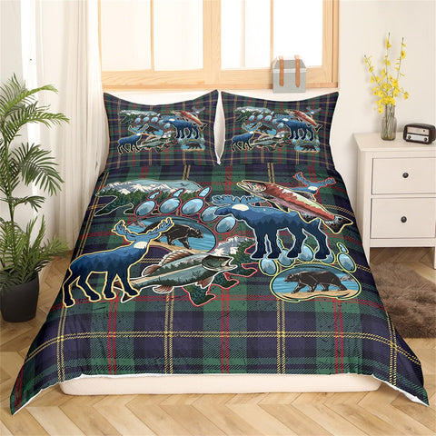 Maxcorners Hunting Theme Duvet Cover, Wild Animal Bear Deer Fish Print Quilt Cover, Retro Geometric Green Purple Plaid Bedding Set