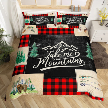 Maxcorners Rustic Bear Duvet Cover, Nature Adventure Mount Tree Graffiti Quilt Cover, Boho Feather Arrow Retro Black Red Plaid Bedding Set