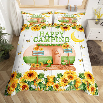 Maxcorners Happy Camping Duvet Cover, Rustic Sunflower Farmhouse Trailer/RV Quilt Cover, Retro Floral Wooden Board Print Bedding Set