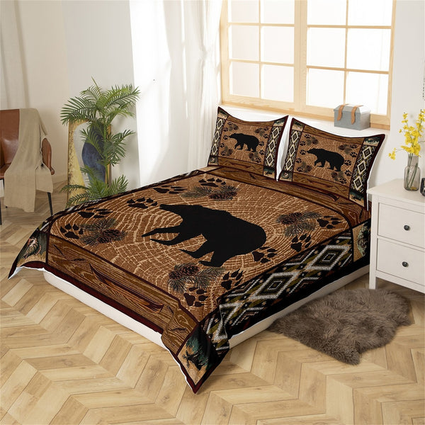 Maxcorners Bear Silhouette Duvet Cover, Wild Deer Bass Fish Jungle Animal Paw Print Bedding Set