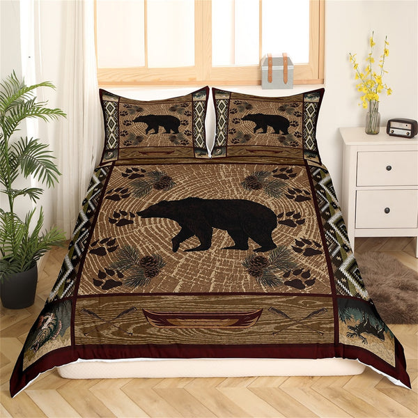 Maxcorners Bear Silhouette Duvet Cover, Wild Deer Bass Fish Jungle Animal Paw Print Bedding Set