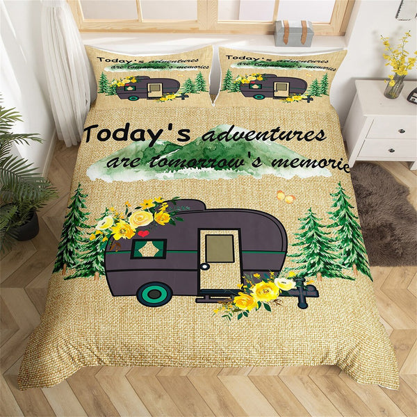 Maxcorners Camping Trailer Duvet Cover for RV Decor, Jungle Tree Yellow Flowers Bedding Set