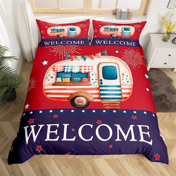 Maxcorners Camping Trailer Duvet Cover for RV Decor, Red Blue Stars Firework Graffiti Bedding Set