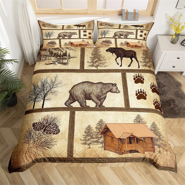 Maxcorners Jungle Animal Duvet Cover, Wild Bear Deer Animal Paw Print Bedding Set